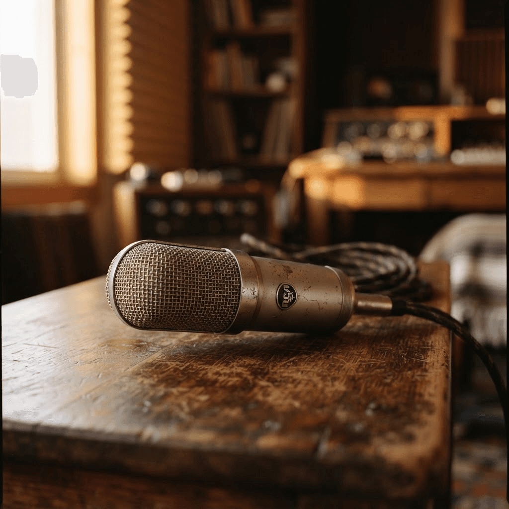 A vintage silver ribbon microphone resting on warm walnut wood in soft amber light